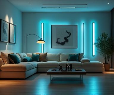 Moderne woonkamer met geautomatiseerde verlichting en slimme bediening
